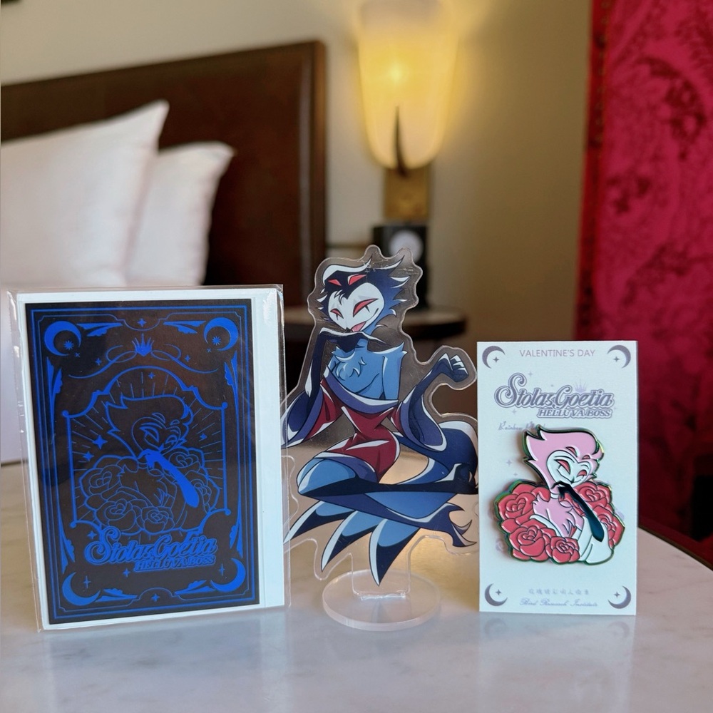 Helluva Boss Stolas acrylic stand and enamel pin set